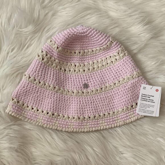 LULULEMON Cotton Crochet Bucket Hat in Light Ivory/Pink Organza Sz S/M - Picture 1 of 4